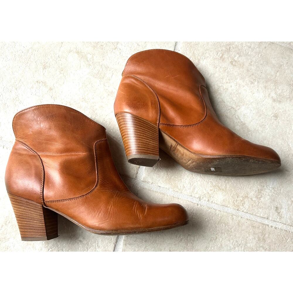 Saks Fifth Ave. Leather Western Ankle Boot Bootie Chunky Wood Heel Vero Cuoio 38